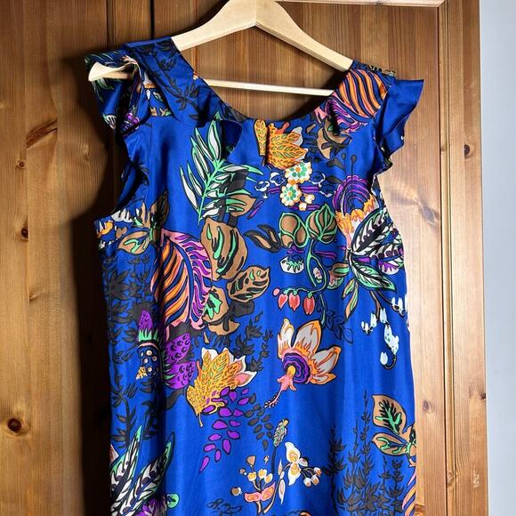 J. Crew Silk Ruffle Tropical Print Dress Women’s 12 Blue Knee Length Resortwear - Picture 8 of 10